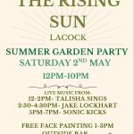 Poster advertising The Rising Sun Lacock Summer Garden Party with date, times, live music lineup, and food drawings (burger and hot dog).