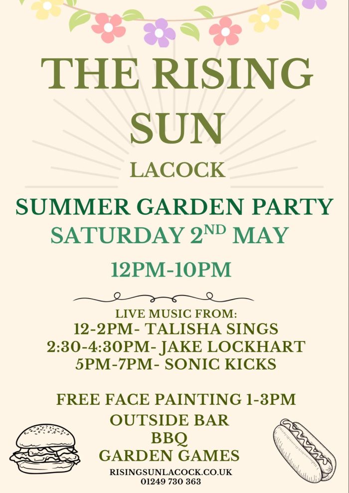 Poster advertising The Rising Sun Lacock Summer Garden Party with date, times, live music lineup, and food drawings (burger and hot dog).