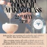 Promotional poster for a Ramsbury cocktail‑making class: 22 May at 7 PM (vodka bottle and cocktail glass shown).