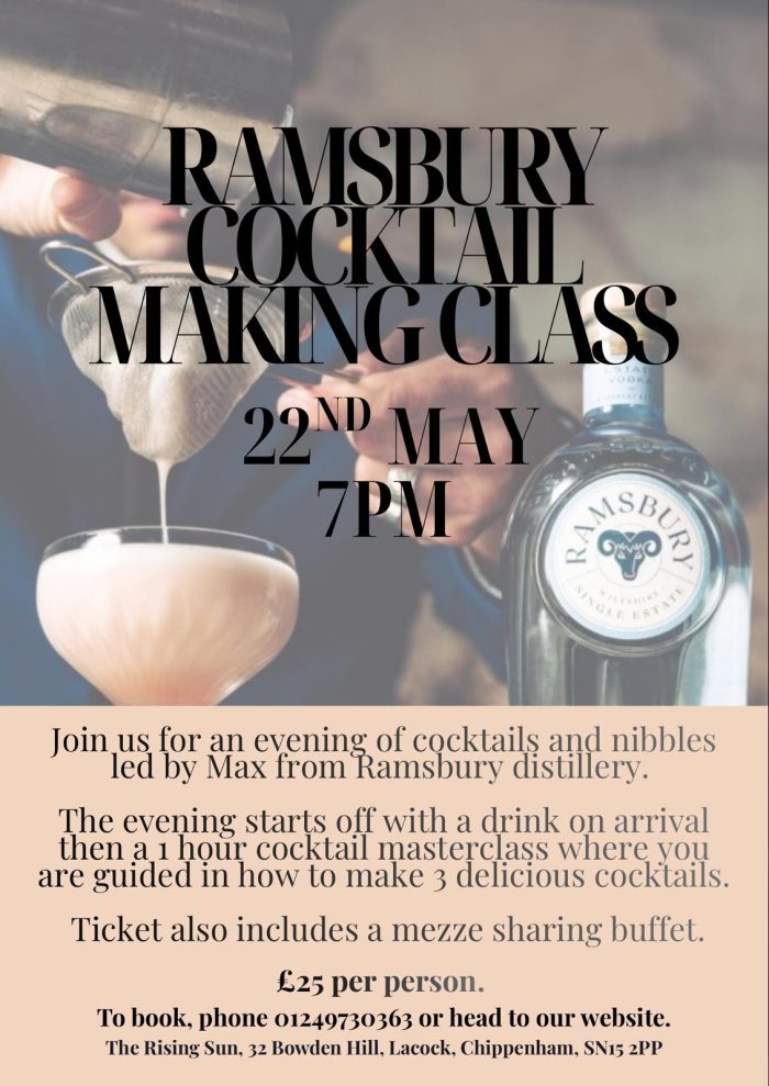 Promotional poster for a Ramsbury cocktail‑making class: 22 May at 7 PM (vodka bottle and cocktail glass shown).