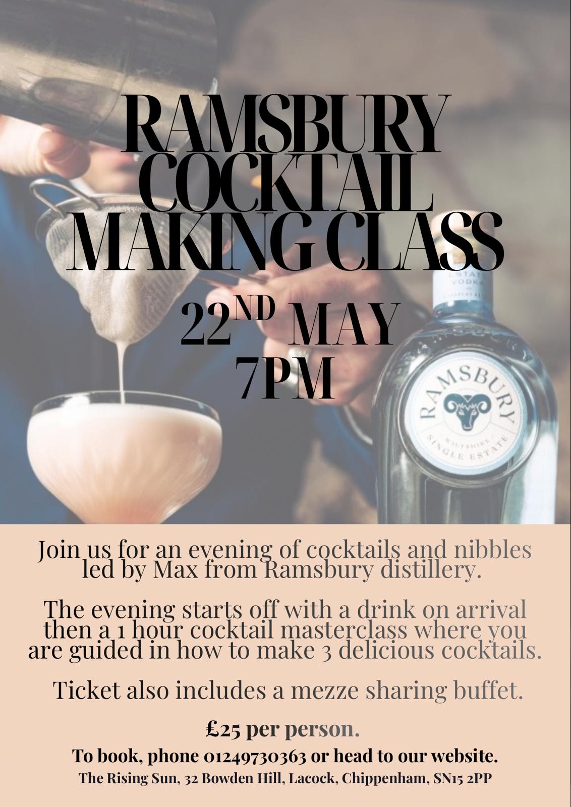 Promotional poster for a Ramsbury cocktail‑making class: 22 May at 7 PM (vodka bottle and cocktail glass shown).